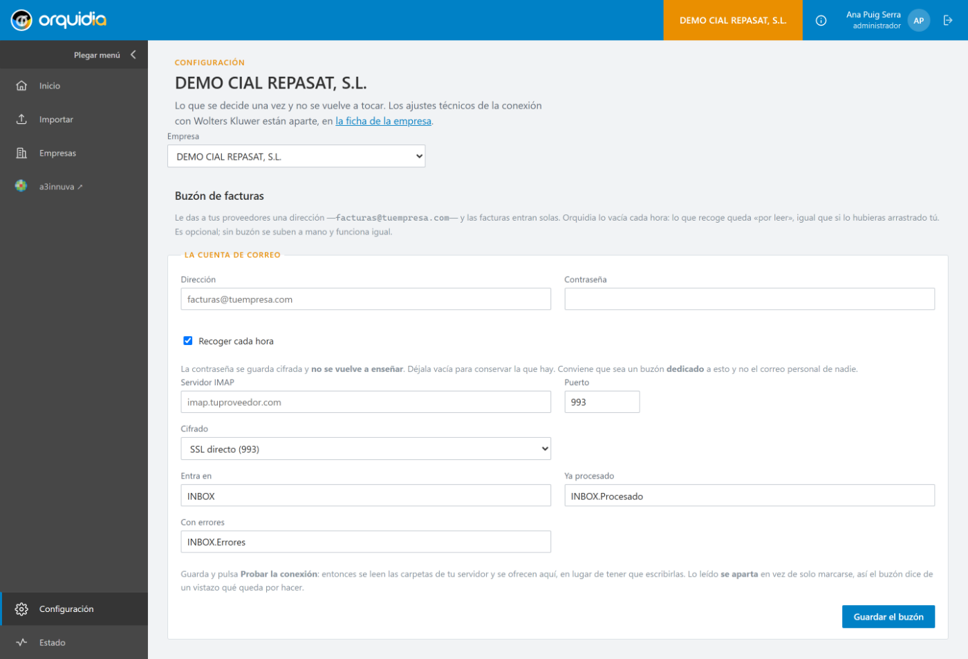 Pantalla de Configuración de Orquidia con el bloque Buzón de facturas: dirección de correo, contraseña, la casilla de recoger cada hora, servidor IMAP, puerto, cifrado y las tres carpetas.